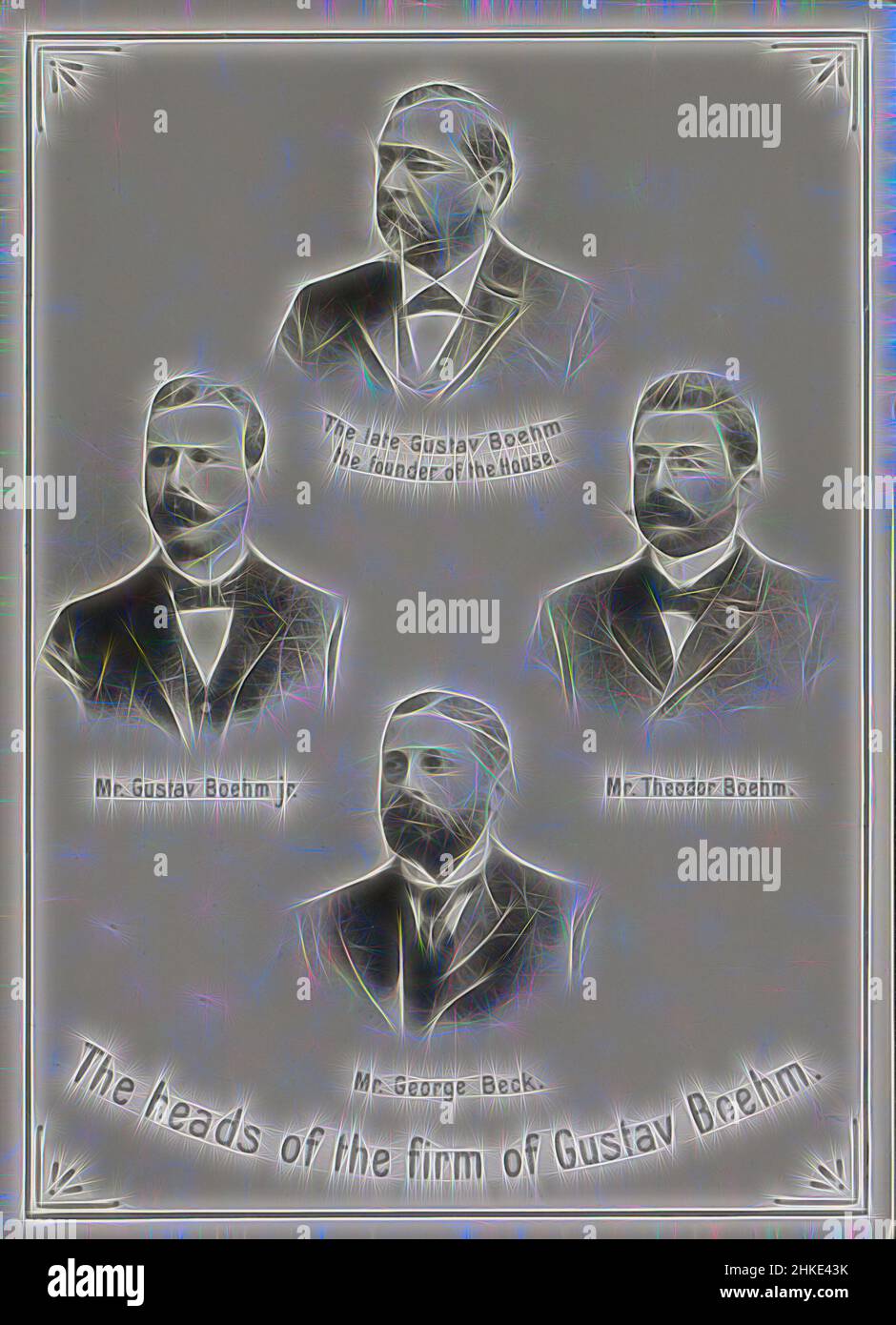 Inspired by Photomontage of the executives of Gustav Boehm's firm: founder the late Gustav Boehm sr., Gustav Boehm jr., Theodor Boehm and George Beck, Part of Photographs of Gustav Boehm's World Tour 1899-1901, series 2., 1899 - 1901, paper, gelatin silver print, height 82 mm × width 60 mm, Reimagined by Artotop. Classic art reinvented with a modern twist. Design of warm cheerful glowing of brightness and light ray radiance. Photography inspired by surrealism and futurism, embracing dynamic energy of modern technology, movement, speed and revolutionize culture Stock Photo
