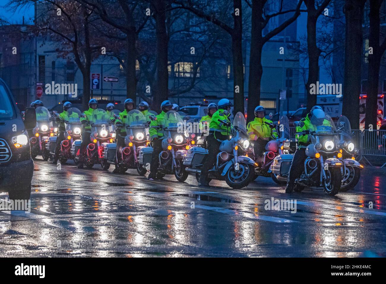 New York, United States. 03rd Feb, 2022. NEW YORK, NEW YORK - FEBRUARY 03: NYPD Highway Patrol get ready to depart with President Biden's motorcade from Long Island City on February 3, 2022 in Queens Borough of New York City. U.S. President Joe Biden visits New York public school P.S. 111 Jacob Blackwell to discuss community violence intervention programs with local leaders in Queens. Credit: Ron Adar/Alamy Live News Stock Photo