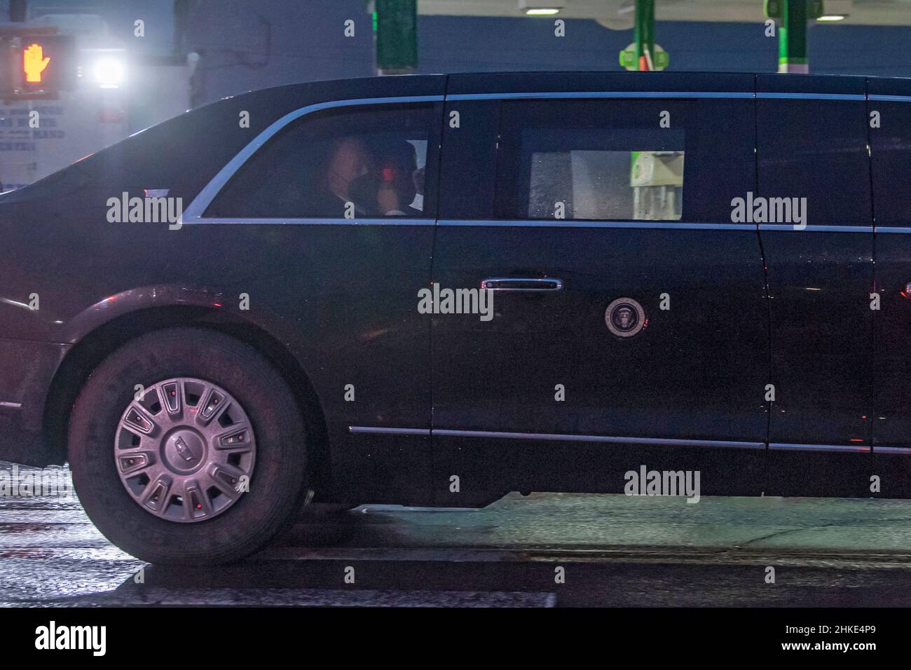 New York, United States. 03rd Feb, 2022. NEW YORK, NEW YORK - FEBRUARY 03: President Biden departs in The Beast limousine from Long Island City on February 3, 2022 in Queens Borough of New York City. U.S. President Joe Biden visits New York public school P.S. 111 Jacob Blackwell to discuss community violence intervention programs with local leaders in Queens. Credit: Ron Adar/Alamy Live News Stock Photo