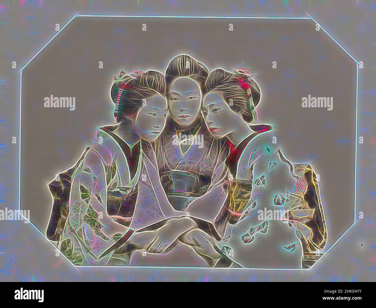 Inspired by Group portrait of three Japanese girls, Singing Girls, Part of Photo album of recordings of sights in Japan and studio portraits., Japan, c. 1870 - c. 1900, paint (coating), albumen print, height 199 mm × width 265 mm, Reimagined by Artotop. Classic art reinvented with a modern twist. Design of warm cheerful glowing of brightness and light ray radiance. Photography inspired by surrealism and futurism, embracing dynamic energy of modern technology, movement, speed and revolutionize culture Stock Photo