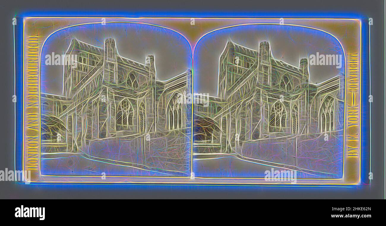 Inspired by Exterior of St Alban's Abbey church, St Alban's Abbey, London and Neighbourhood, Frederick York, St. Albans, c. 1860 - c. 1880, albumen print, height 85 mm × width 170 mm, Reimagined by Artotop. Classic art reinvented with a modern twist. Design of warm cheerful glowing of brightness and light ray radiance. Photography inspired by surrealism and futurism, embracing dynamic energy of modern technology, movement, speed and revolutionize culture Stock Photo
