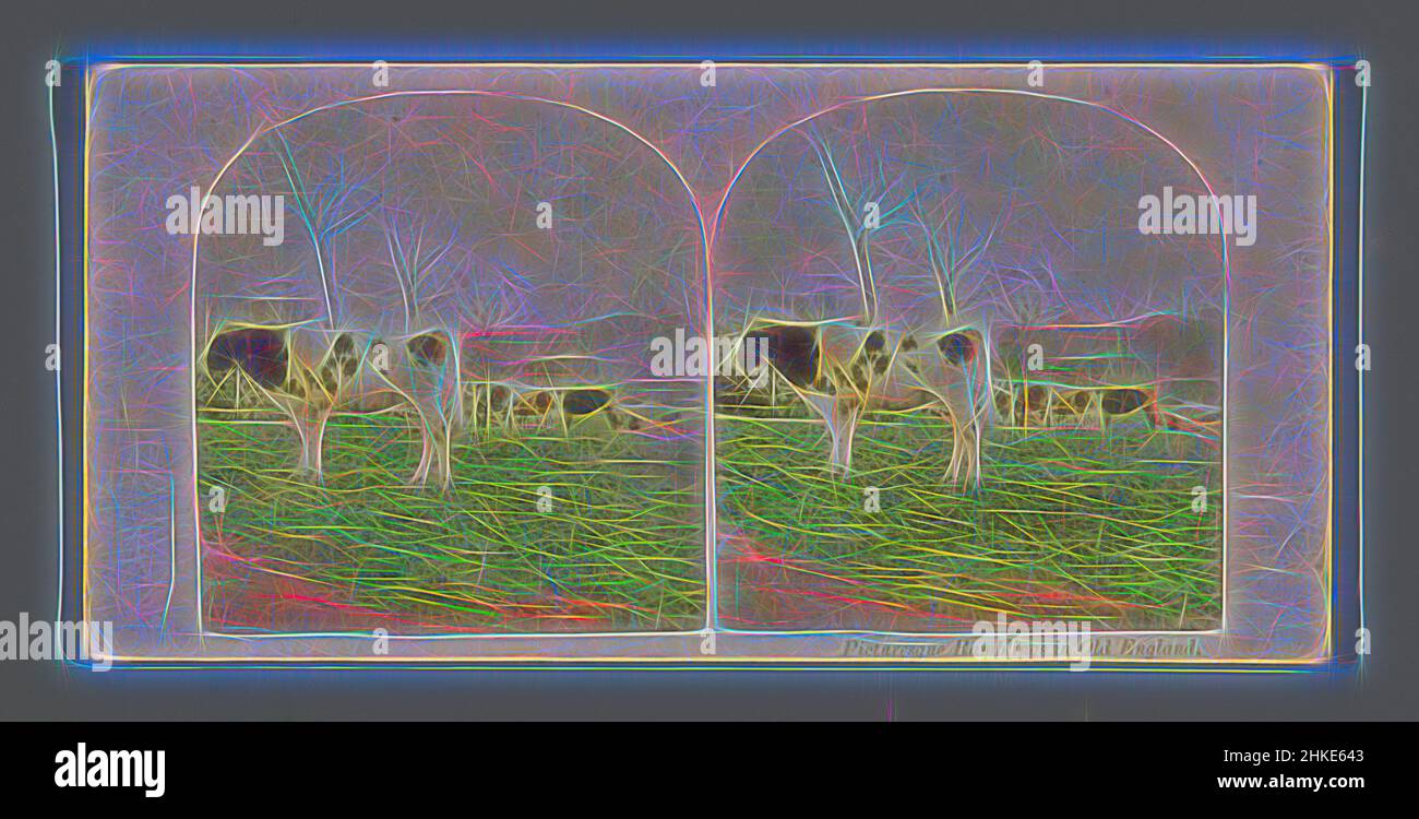 Inspired by Cows in a meadow in England, Picturesque Ramblings in Old England, The London Stereoscopic Company, England, c. 1854 - c. 1880, albumen print, height 85 mm × width 170 mm, Reimagined by Artotop. Classic art reinvented with a modern twist. Design of warm cheerful glowing of brightness and light ray radiance. Photography inspired by surrealism and futurism, embracing dynamic energy of modern technology, movement, speed and revolutionize culture Stock Photo