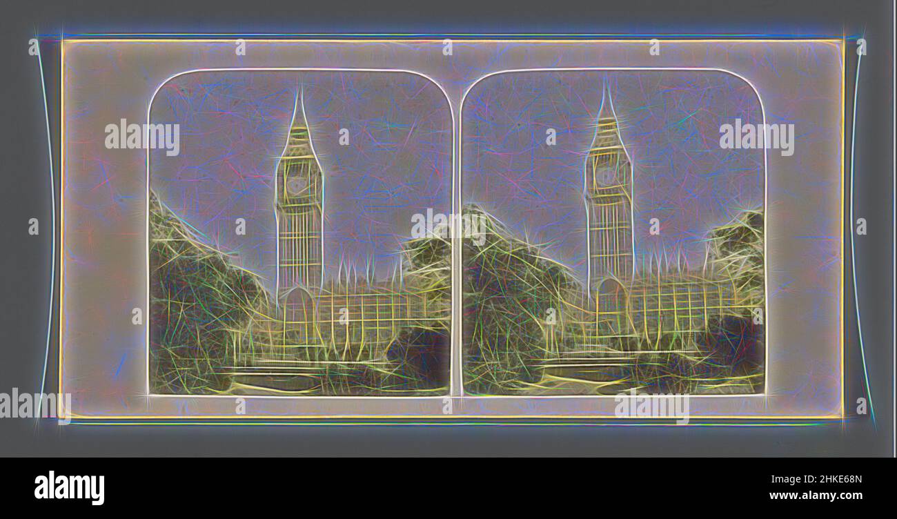 Inspired by View of Big Ben and the Palace of Westminster in London, New Houses of Parliament, The Clock Tower, Views of London, London, c. 1850 - c. 1880, albumen print, height 85 mm × width 170 mm, Reimagined by Artotop. Classic art reinvented with a modern twist. Design of warm cheerful glowing of brightness and light ray radiance. Photography inspired by surrealism and futurism, embracing dynamic energy of modern technology, movement, speed and revolutionize culture Stock Photo