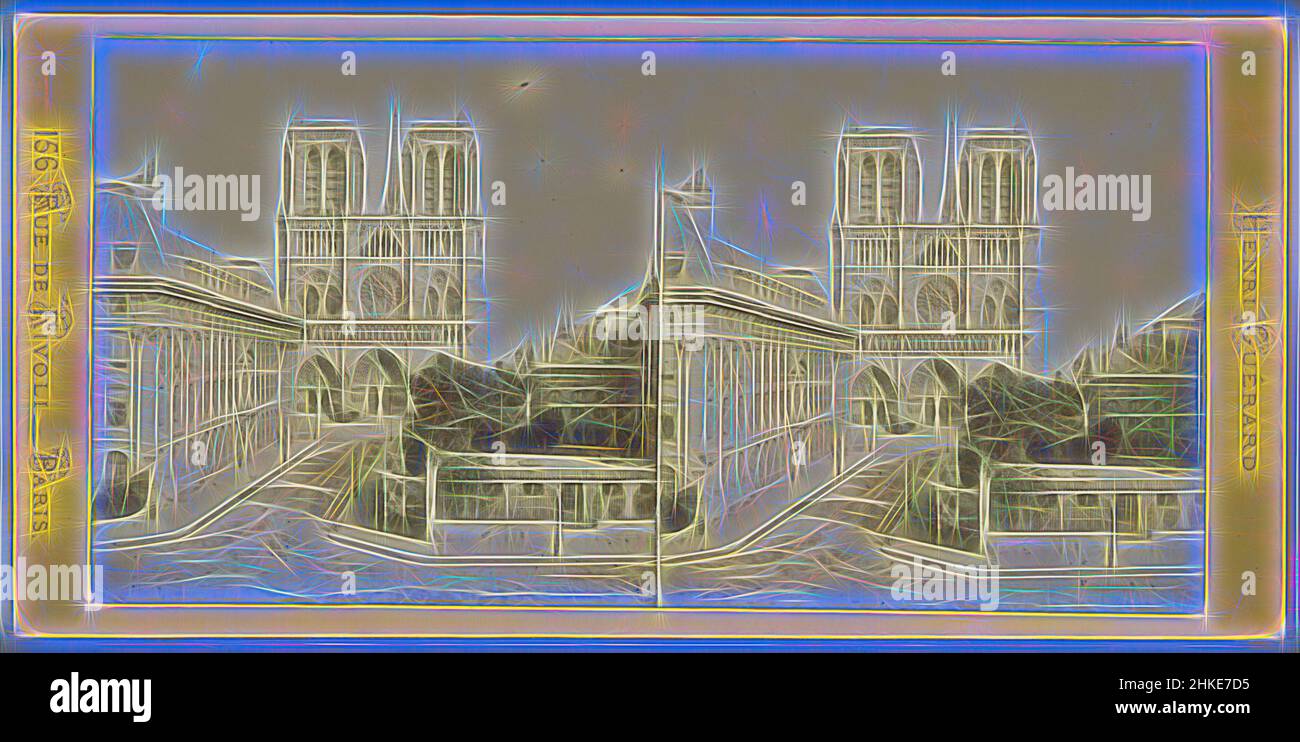Inspired by View of the façade of Notre-Dame in Paris, Henri Guérard, Paris, c. 1860 - c. 1870, albumen print, height 85 mm × width 175 mm, Reimagined by Artotop. Classic art reinvented with a modern twist. Design of warm cheerful glowing of brightness and light ray radiance. Photography inspired by surrealism and futurism, embracing dynamic energy of modern technology, movement, speed and revolutionize culture Stock Photo