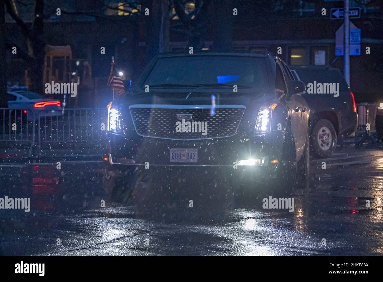 New York, United States. 03rd Feb, 2022. President Biden's motorcade departs from Long Island City in Queens Borough of New York City. U.S. President Joe Biden visits New York public school P.S, 111 Jacob Blackwell to discuss community violence intervention programs with local leaders in Queens. Credit: SOPA Images Limited/Alamy Live News Stock Photo