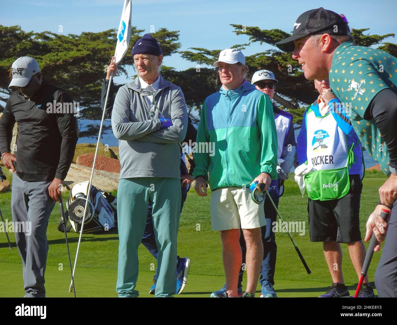 Bill Murray and Darius Rucker watch action on the 6th green at Monterey Peninsula Golf Club during the first round of the ATandT Pro-Am PGA Tour golf event Monterey Peninsula, California, USA