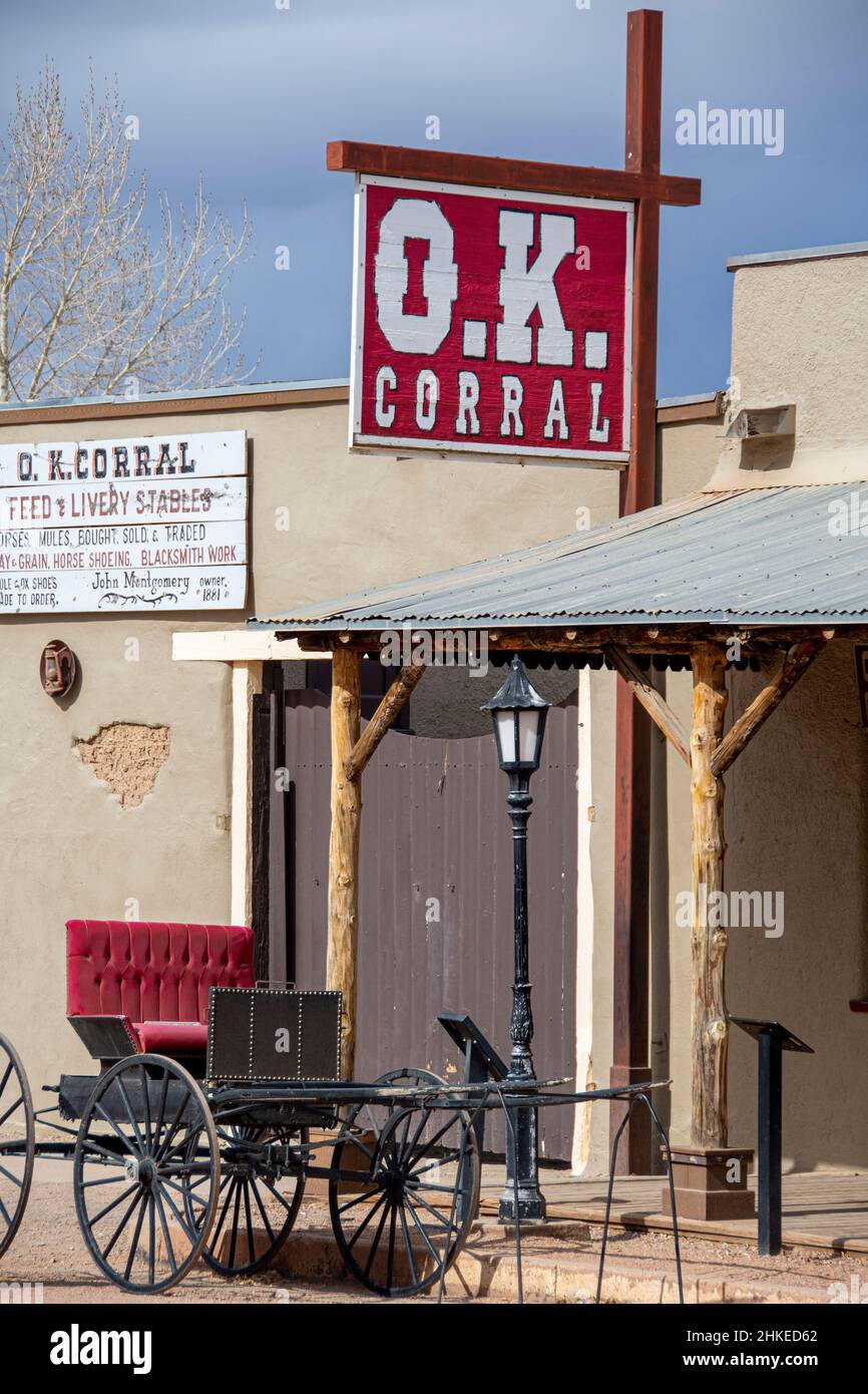 A sign showing the location of the famous O.K. Corral, where the Earp brothers had a shoot out with an outlaw group calling themselves, "The Cowboys." Stock Photo