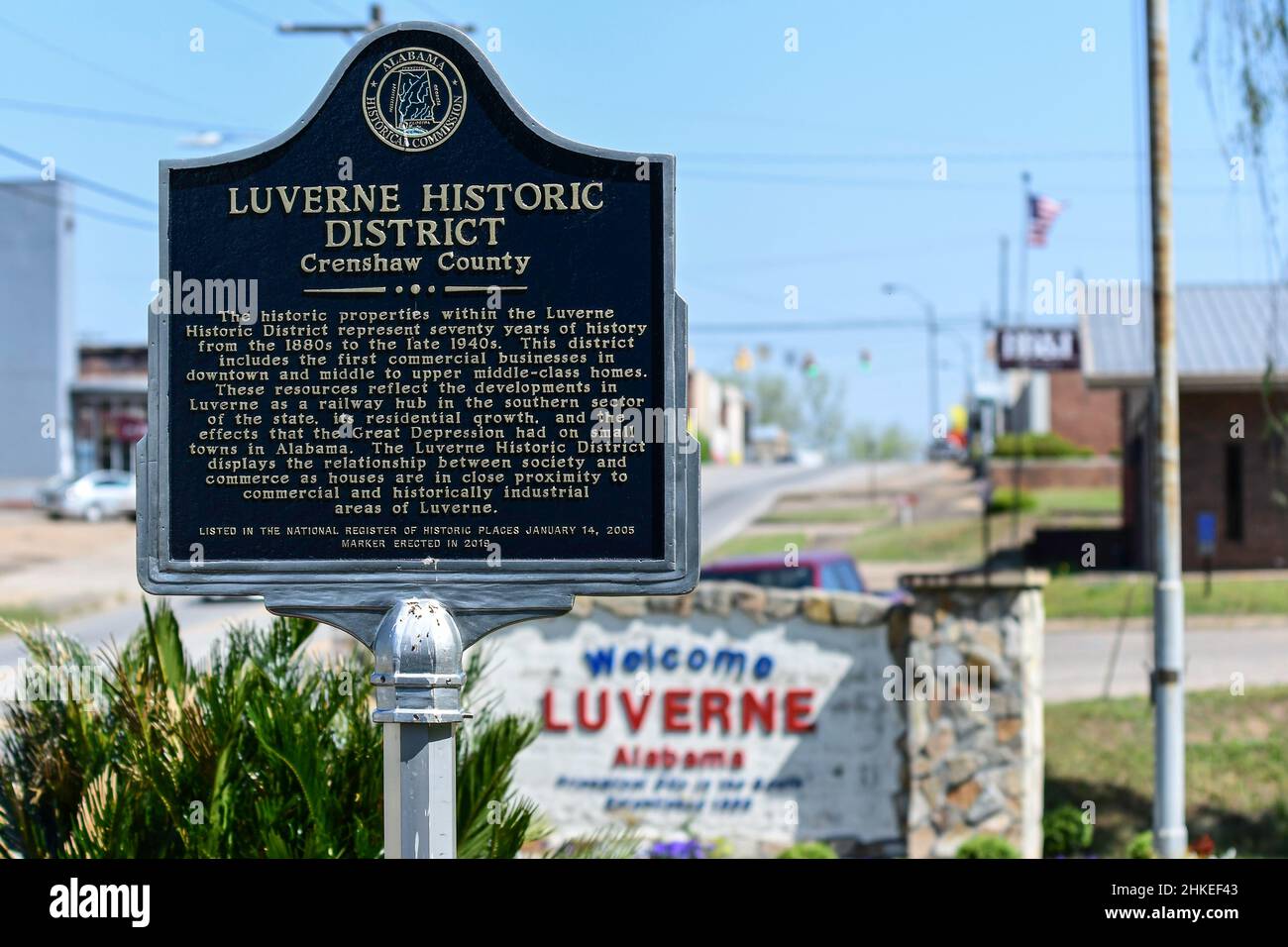 Luverne, Alabama, USA April 21, 2021 Historic Luverne marker in focus