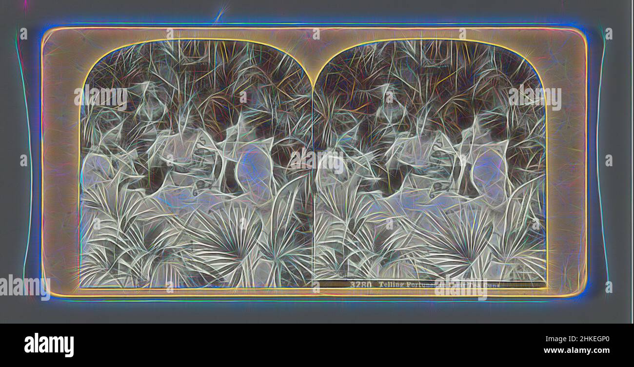 Inspired by Three women drinking tea around table in room with plants, Telling Fortunes in their Tea Cups, Carleton Harlow Graves, 1897, height 88 mm × width 177 mm, Reimagined by Artotop. Classic art reinvented with a modern twist. Design of warm cheerful glowing of brightness and light ray radiance. Photography inspired by surrealism and futurism, embracing dynamic energy of modern technology, movement, speed and revolutionize culture Stock Photo