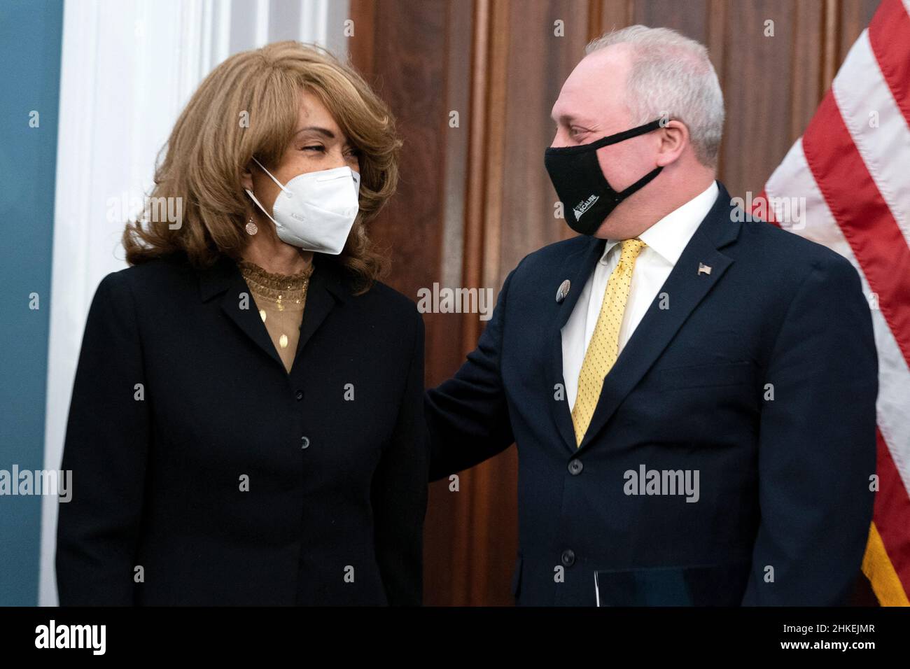 Great granddaughter Lorna Rainey speaks to House Minority Whip Steve Scalise (R-La.) during a press conference to unveil the Joseph H. Rainey Room in the in the U.S. Capitol in Washington, DC, USA on Thursday, February 3, 2022. Former Rep. Joseph H. Rainey (R-S.C.) was the first elected Black member of the House of Representatives who served from 1870 to 1879. Photo by Greg Nash/Pool/ABACAPRESS.COM Stock Photo