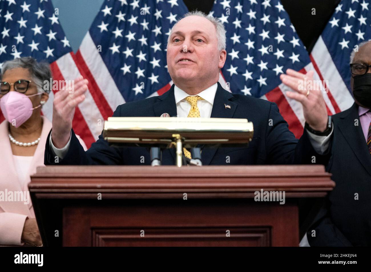 House Minority Whip Steve Scalise (R-La.) addresses reporters during a press conference to unveil the Joseph H. Rainey Room in the in the U.S. Capitol in Washington, DC, USA on Thursday, February 3, 2022. Former Rep. Joseph H. Rainey (R-S.C.) was the first elected Black member of the House of Representatives who served from 1870 to 1879. Photo by Greg Nash/Pool/ABACAPRESS.COM Stock Photo