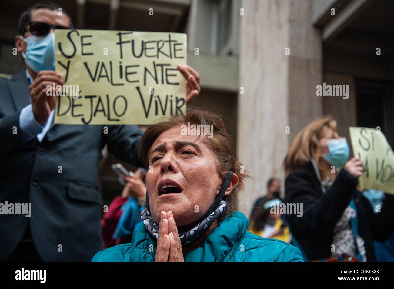 Bogota, Colombia. 03rd Feb, 2022. Anti-Abortion protesters demonstrate outside the Justice Palace as the Constitutional Court debate on the decriminalization of abortion for up to the week 24 of gestation on February 03, 2022 in Bogota, Colombia. Credit: Long Visual Press/Alamy Live News Stock Photo