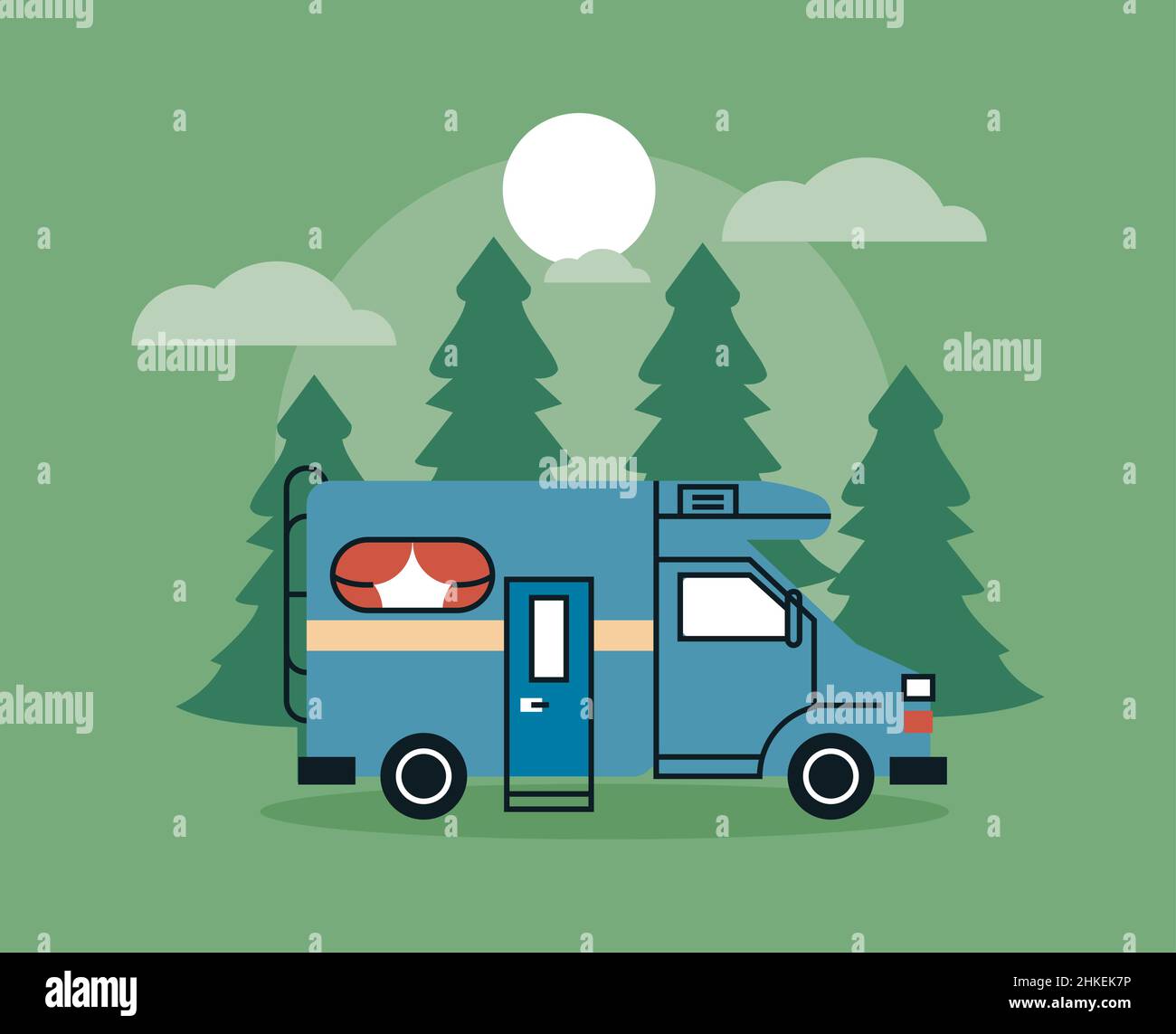 blue camper in forest Stock Vector