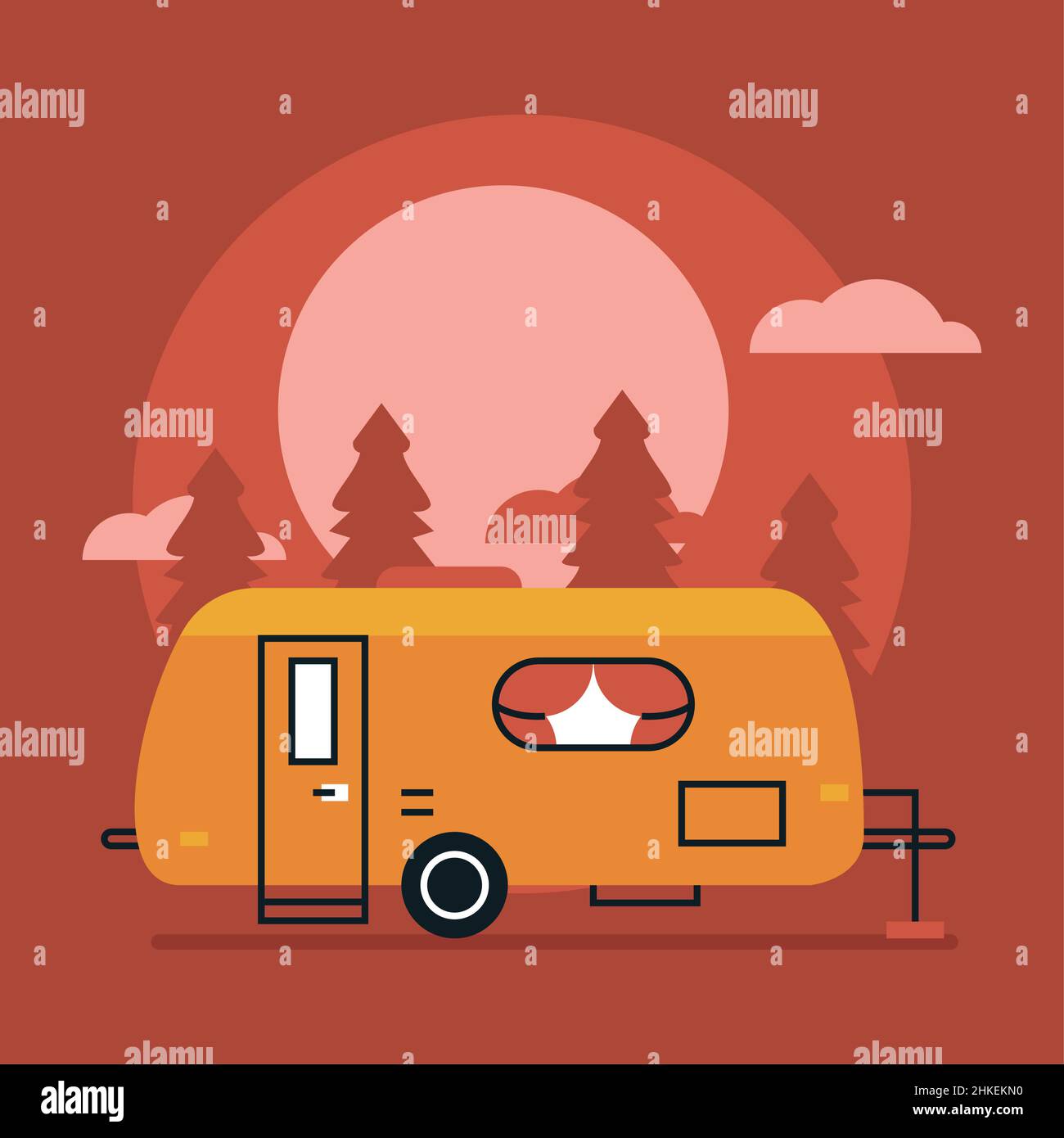 orange camper in red landscape Stock Vector
