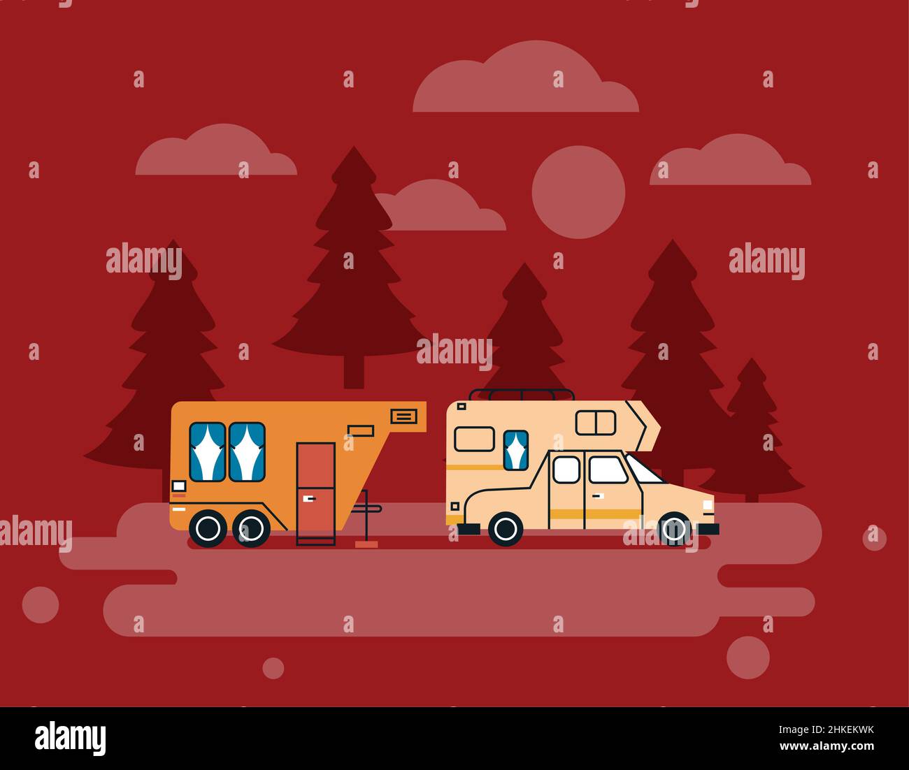 two campers in red landscape Stock Vector