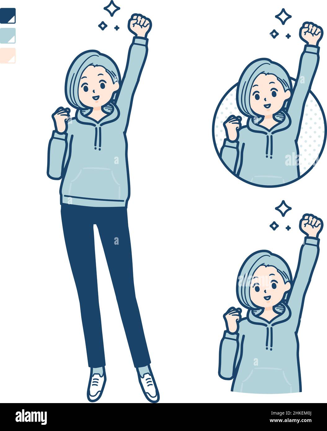 A Young woman in a hoodie with fist pump images.It's vector art so it's easy to edit. Stock Vector