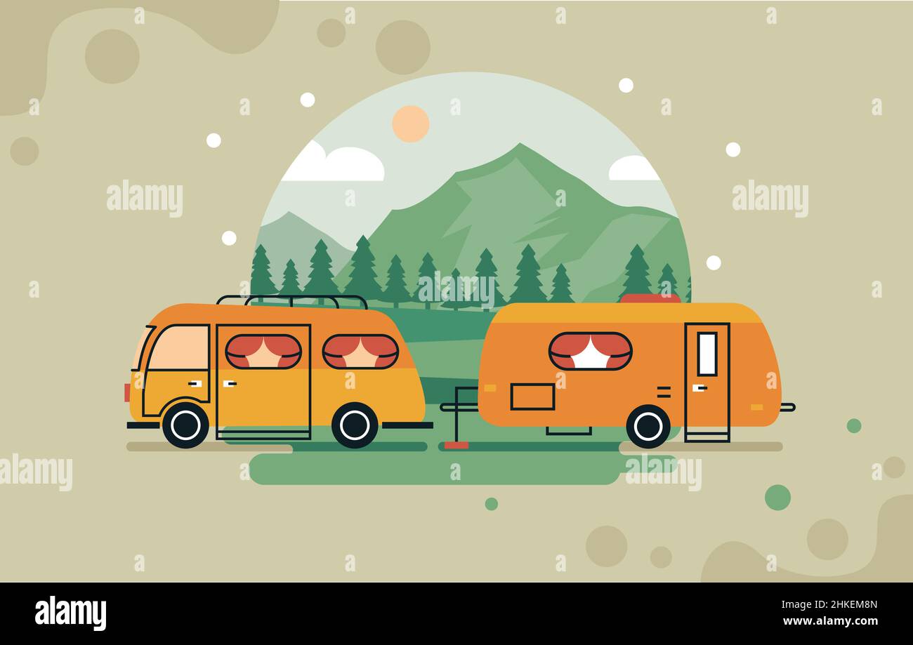 orange camper in landscape Stock Vector