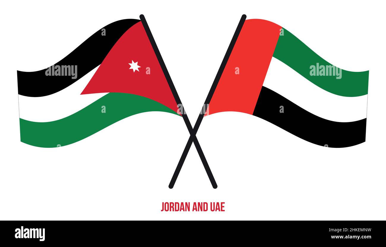 Jordan and UAE Flags Crossed And Waving Flat Style. Official Proportion