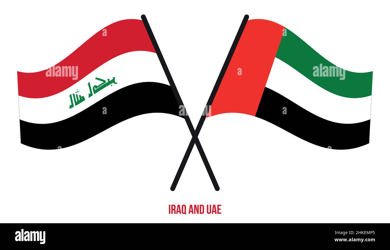 Iraq and UAE Flags Crossed And Waving Flat Style. Official Proportion. Correct Colors. Stock Vector