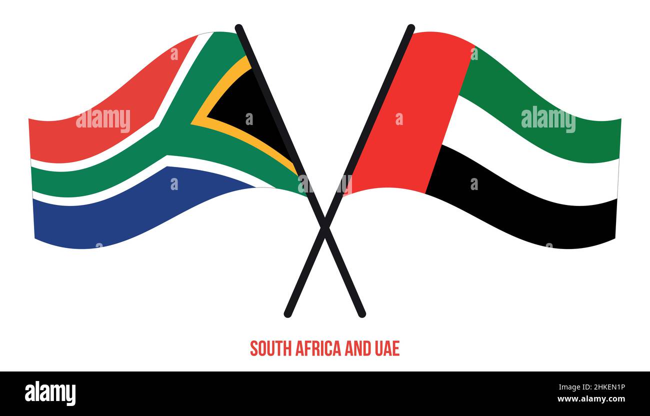 South Africa and UAE Flags Crossed And Waving Flat Style. Official ...