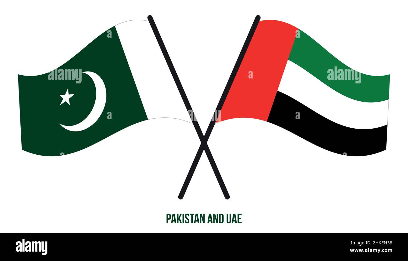 Pakistan and UAE Flags Crossed And Waving Flat Style. Official Proportion. Correct Colors. Stock Vector