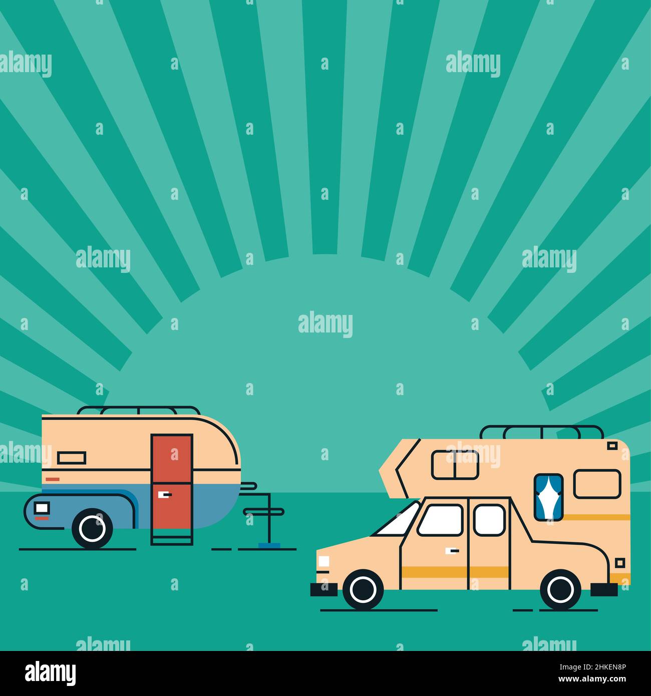 two campers in sunburst Stock Vector