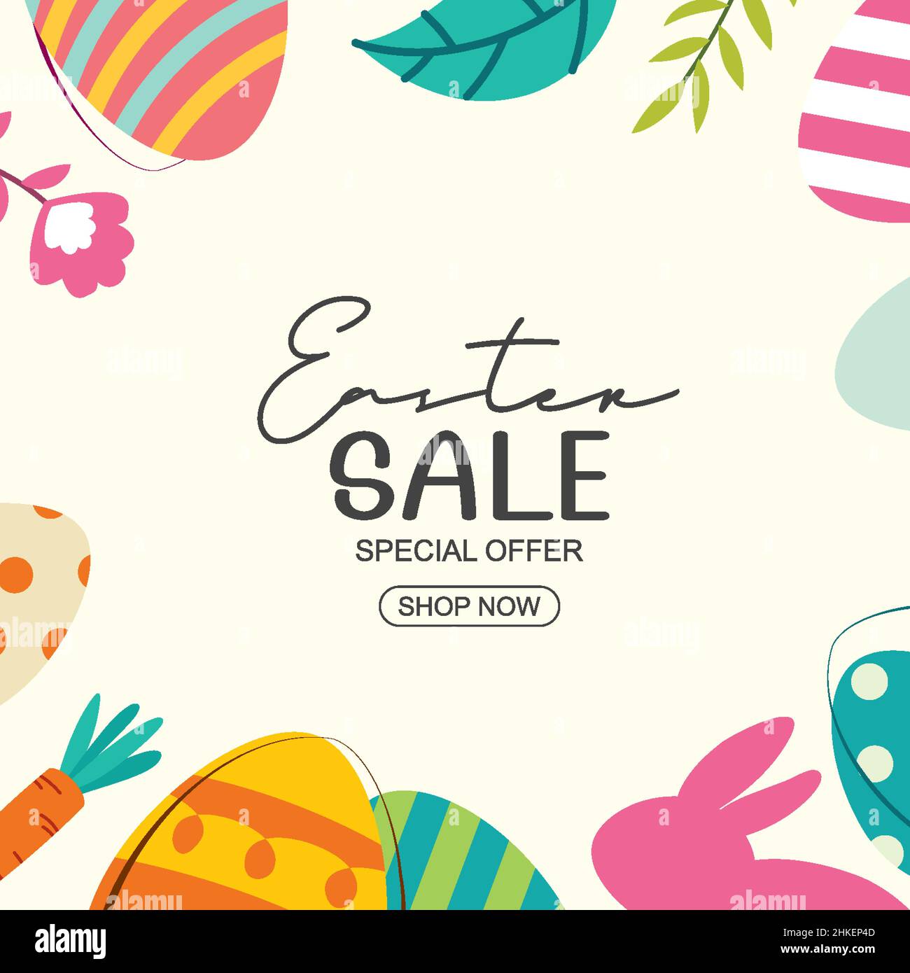 Easter sale banner design template with colorful eggs and flowers. Use