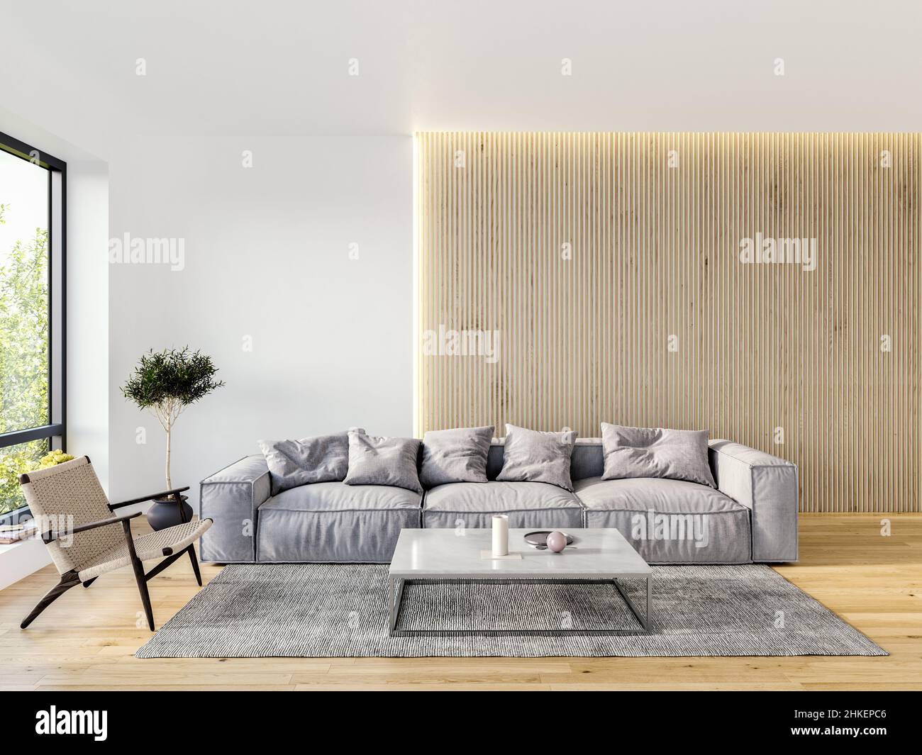 Modern Italian interior design living room with white walls and vertical slats panel, mock-up, 3D Render, 3D Illustration Stock Photo