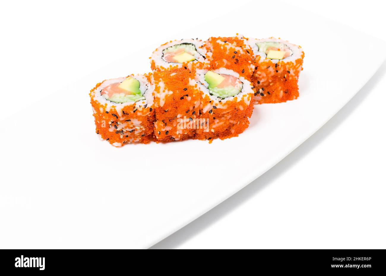 California sake sushi roll. Isolated on a white background. Stock Photo