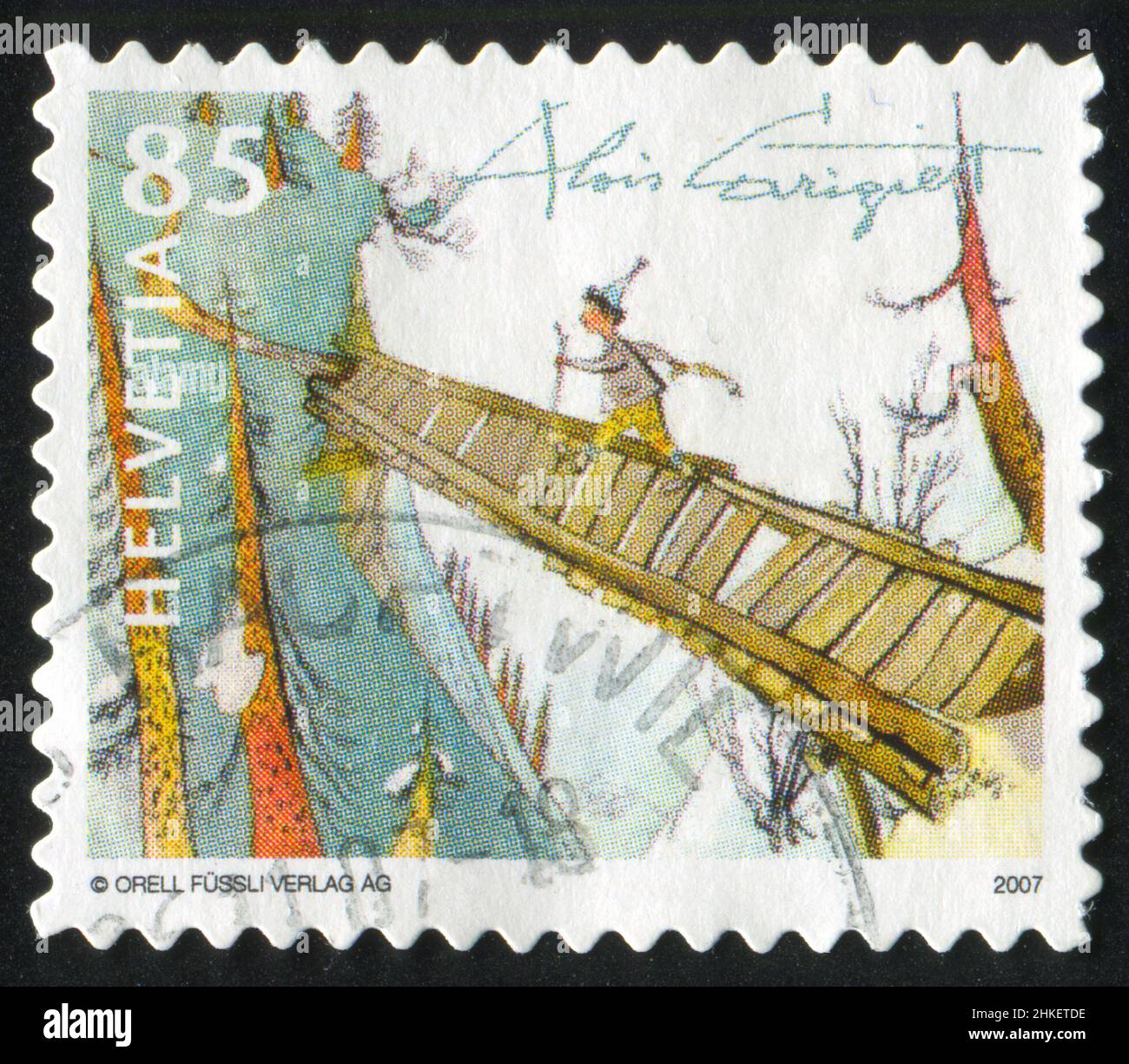 SWITZERLAND - CIRCA 2007: stamp printed by Switzerland, shows Illustration for Children's Book Character - 'Schellen-Ursli', by Alois Carigiet, circa Stock Photo