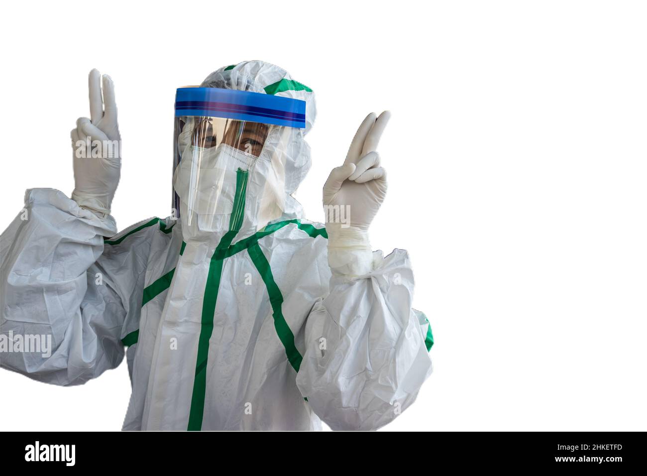 Healthcare workers wearing PPE packages show their readiness to work on COVID 19 screening. Stock Photo