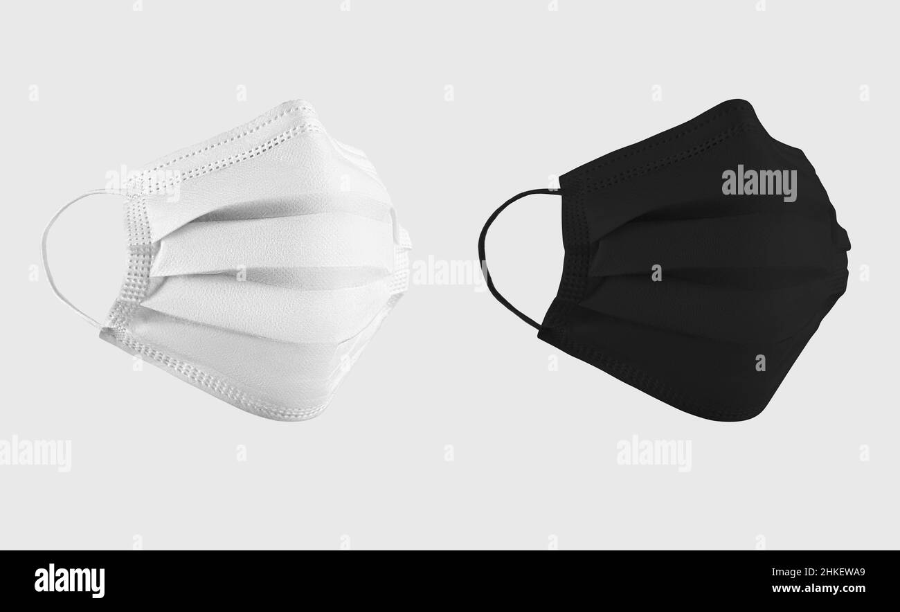White, black surgical mask mockup, 3D rendering, with place for design, print, pattern. Dressed respirator template, virus, flu protection, no body, b Stock Photo