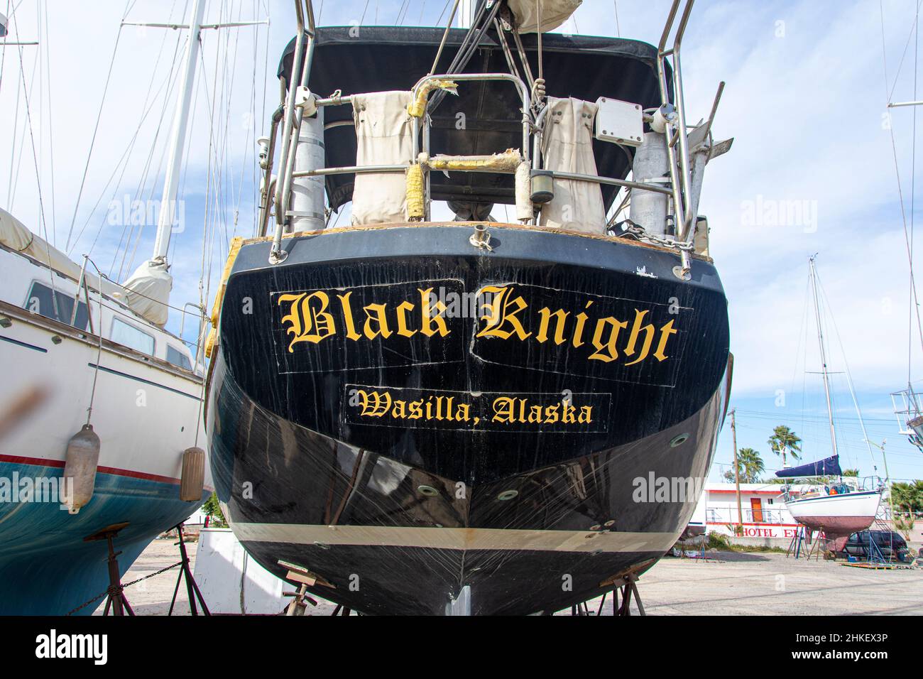 The stern of a ship christened the Black Night being refurbished in the Puerto Penasco boat yard. Stock Photo