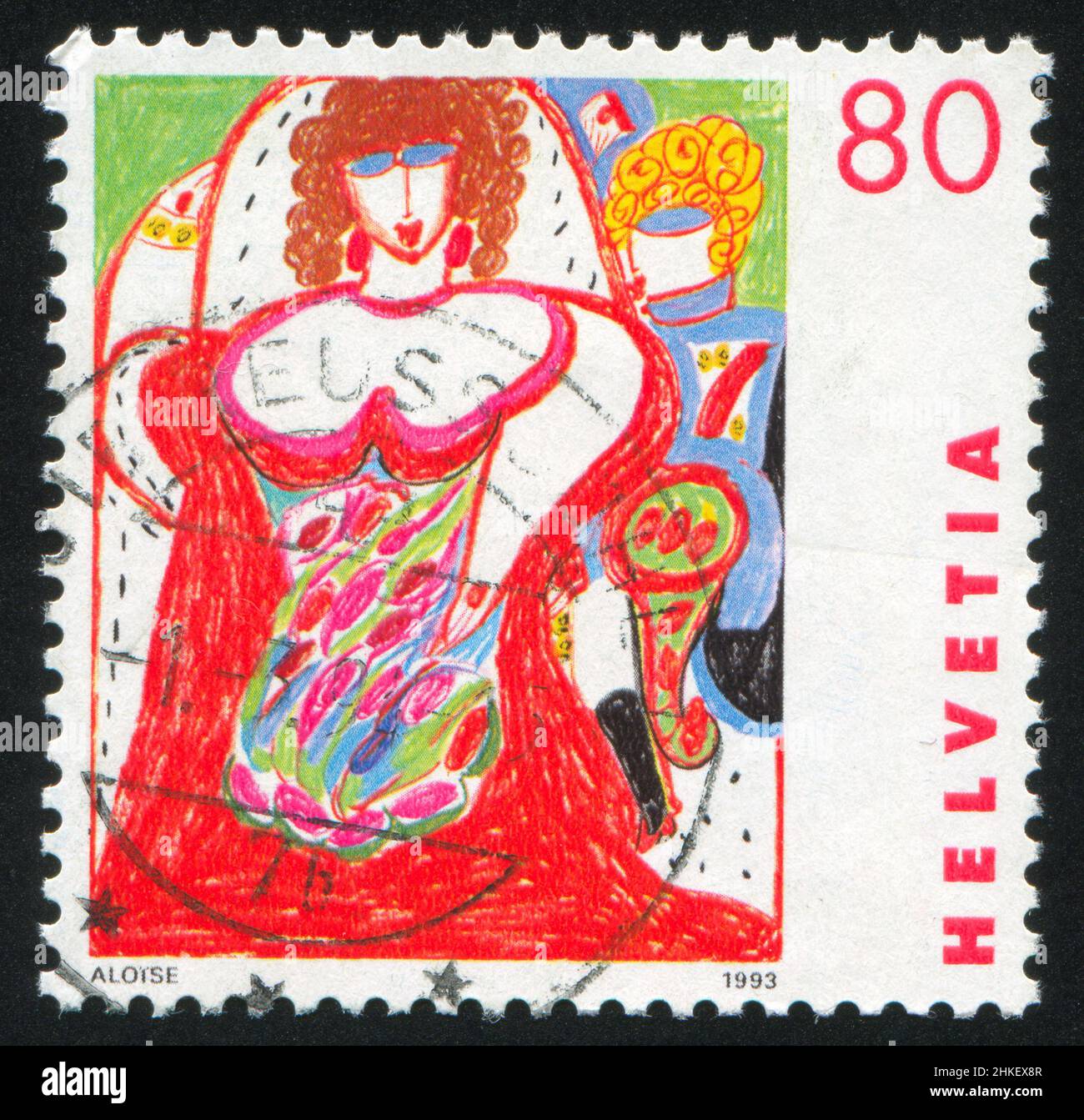 SWITZERLAND - CIRCA 1993: stamp printed by Switzerland, shows Grande Cantatrice Lilas Goergens by Aloise Corbaz, circa 1993 Stock Photo
