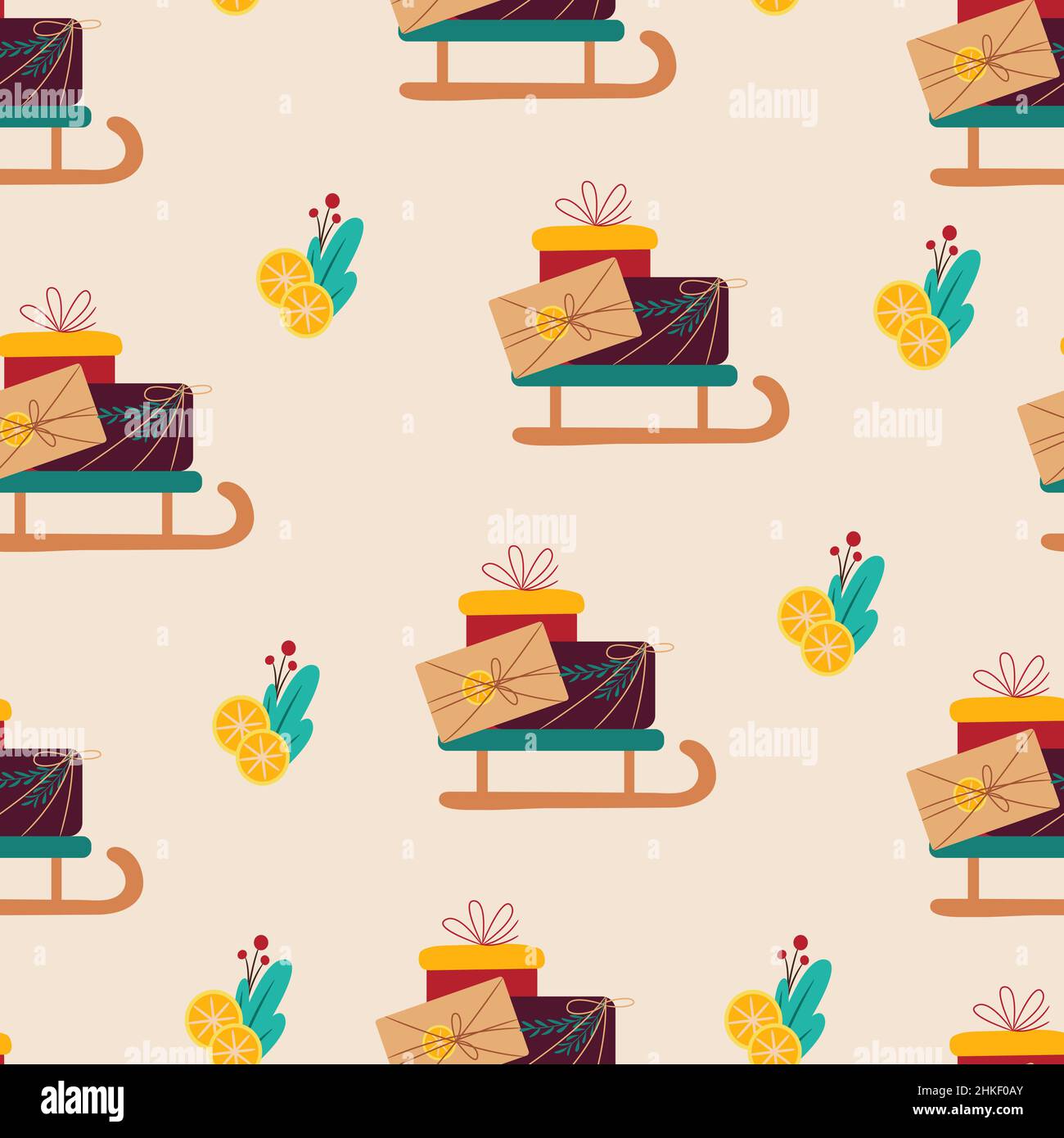 Gift boxes on sledges seamless pattern. Vector print flat cartoon style Stock Vector