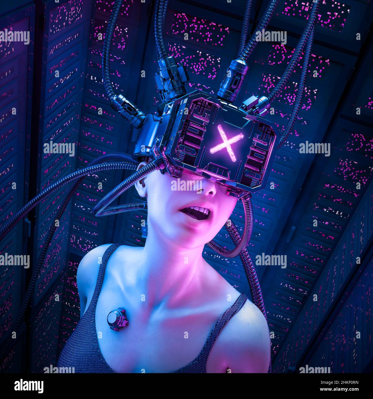 Cyberpunk hacker girl - 3D illustration of science fiction shocked female character wearing futuristic virtual reality glasses inside server farm Stock Photo