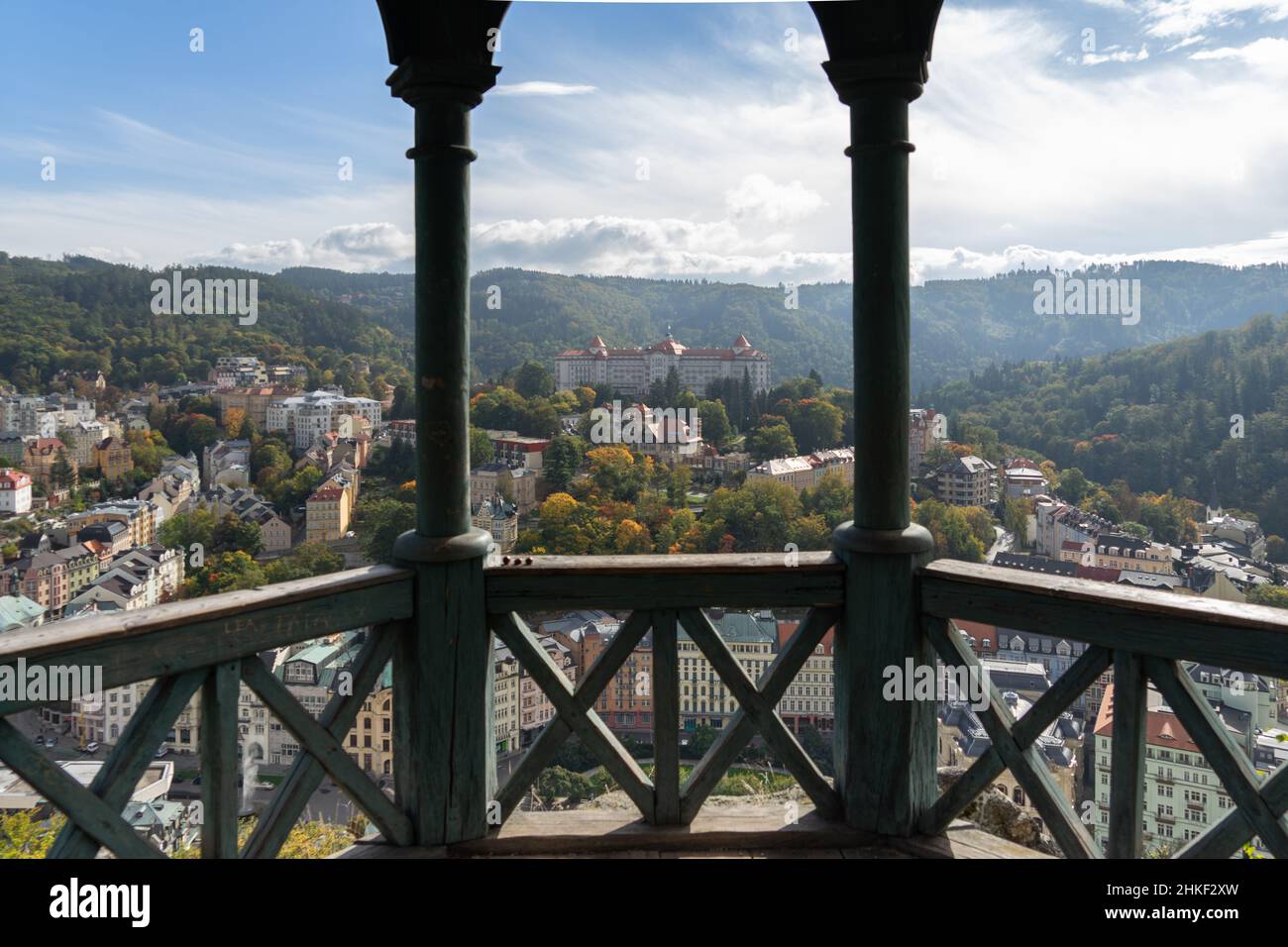 Karlovy Vary (Karlsbad) in Czech Republic: View from Stag's Leap lookout over downtown and central hill Stock Photo