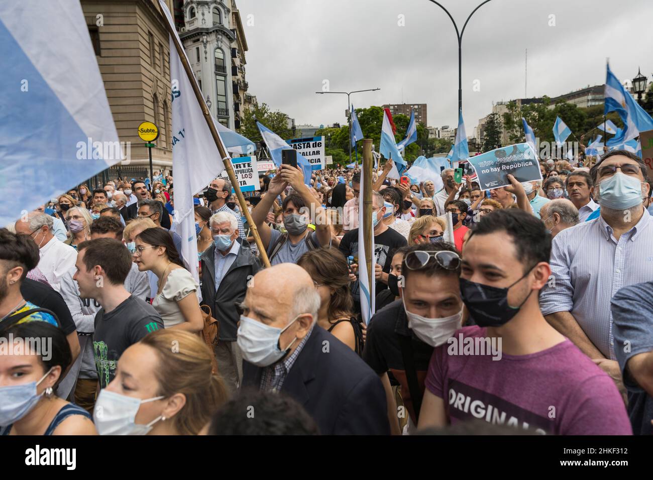 Ciudad De Buenos Aires, Argentina. 03rd Feb, 2022. Protesters in the march in front of the Courts building in defense of an independent justice. (Photo by Esteban Osorio/Pacific Press) Credit: Pacific Press Media Production Corp./Alamy Live News Stock Photo