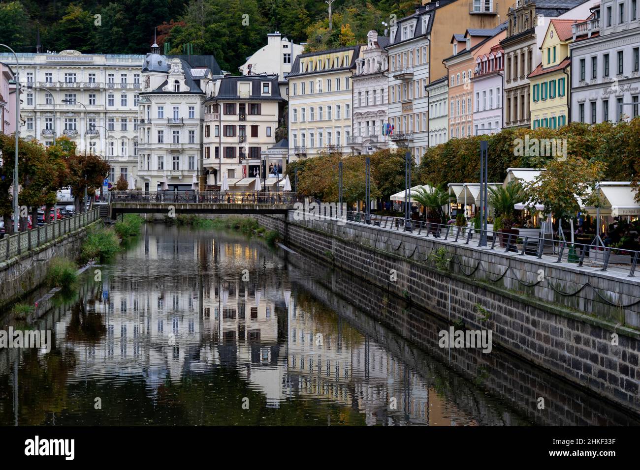 Karlovy Vary (Karlsbad) in Czech Republic: Bridges and buildings on Stará Louka Stock Photo