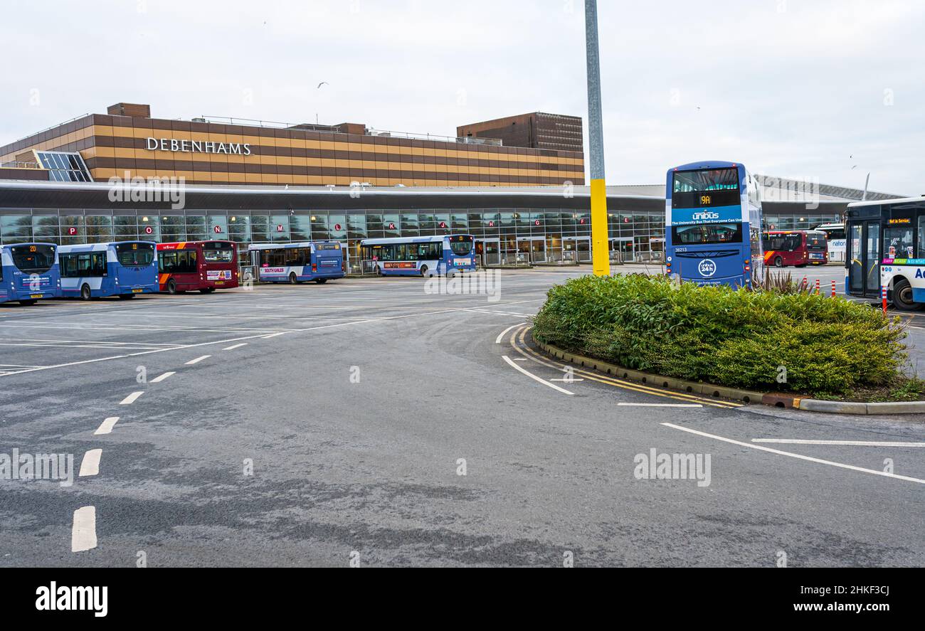 Swansea City bus station next to Quadrant Shopping Centre. South Wales, the United Kingdom - January 16, 2022 Stock Photo