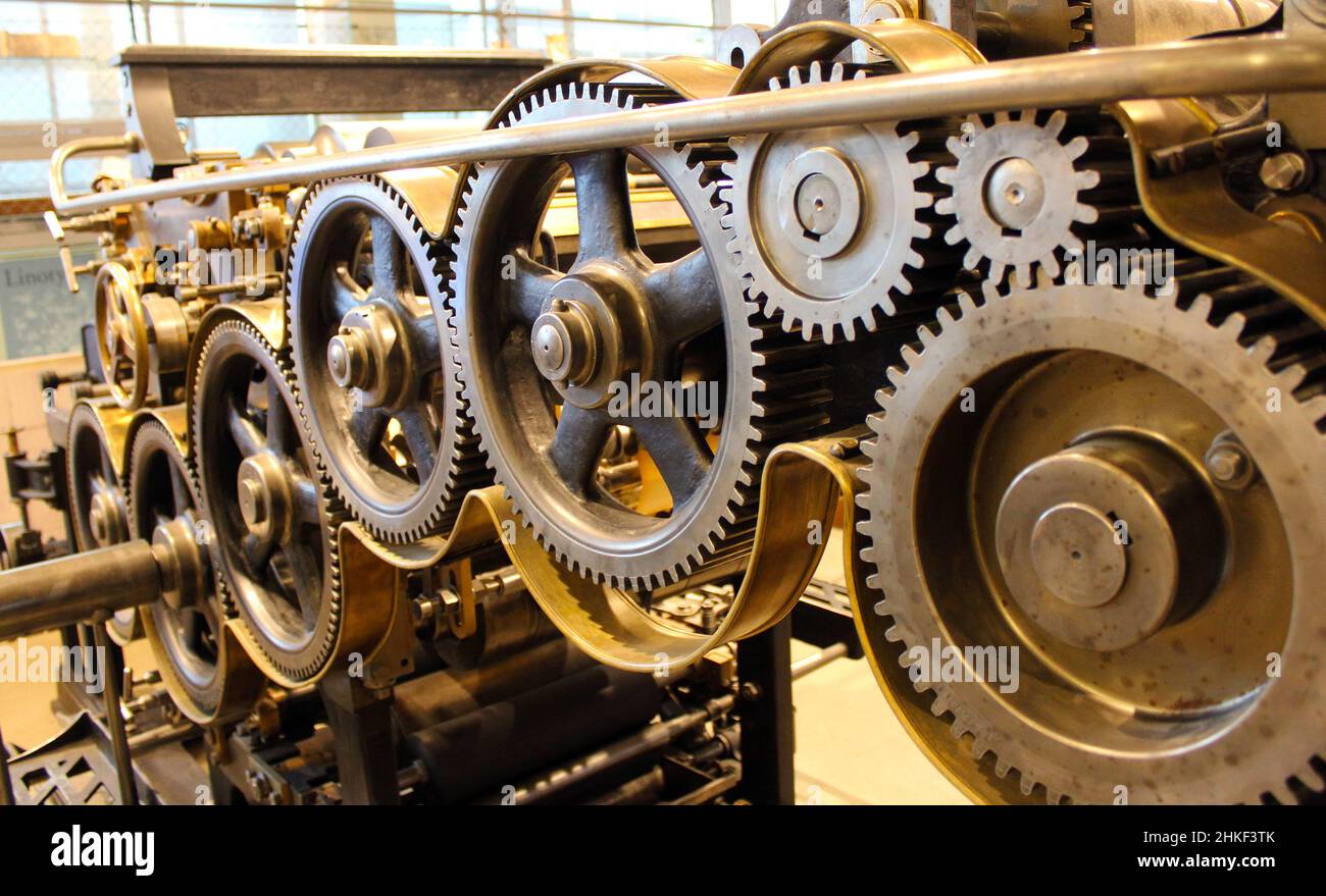 Vintage rotary printing presses of the mechanical engineering company MAN (Maschinenfabrik Augsburg-Nurnberg, Germany),  from year 1876. Rotary in Cze Stock Photo