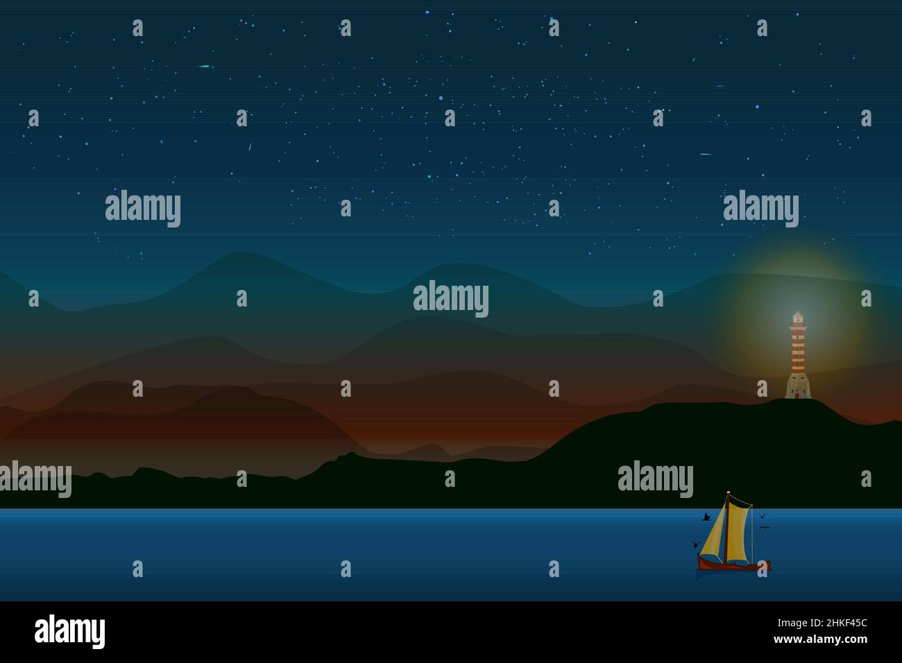 Lighthouse on sea shore. Island with hills, mountains, starry sky ...