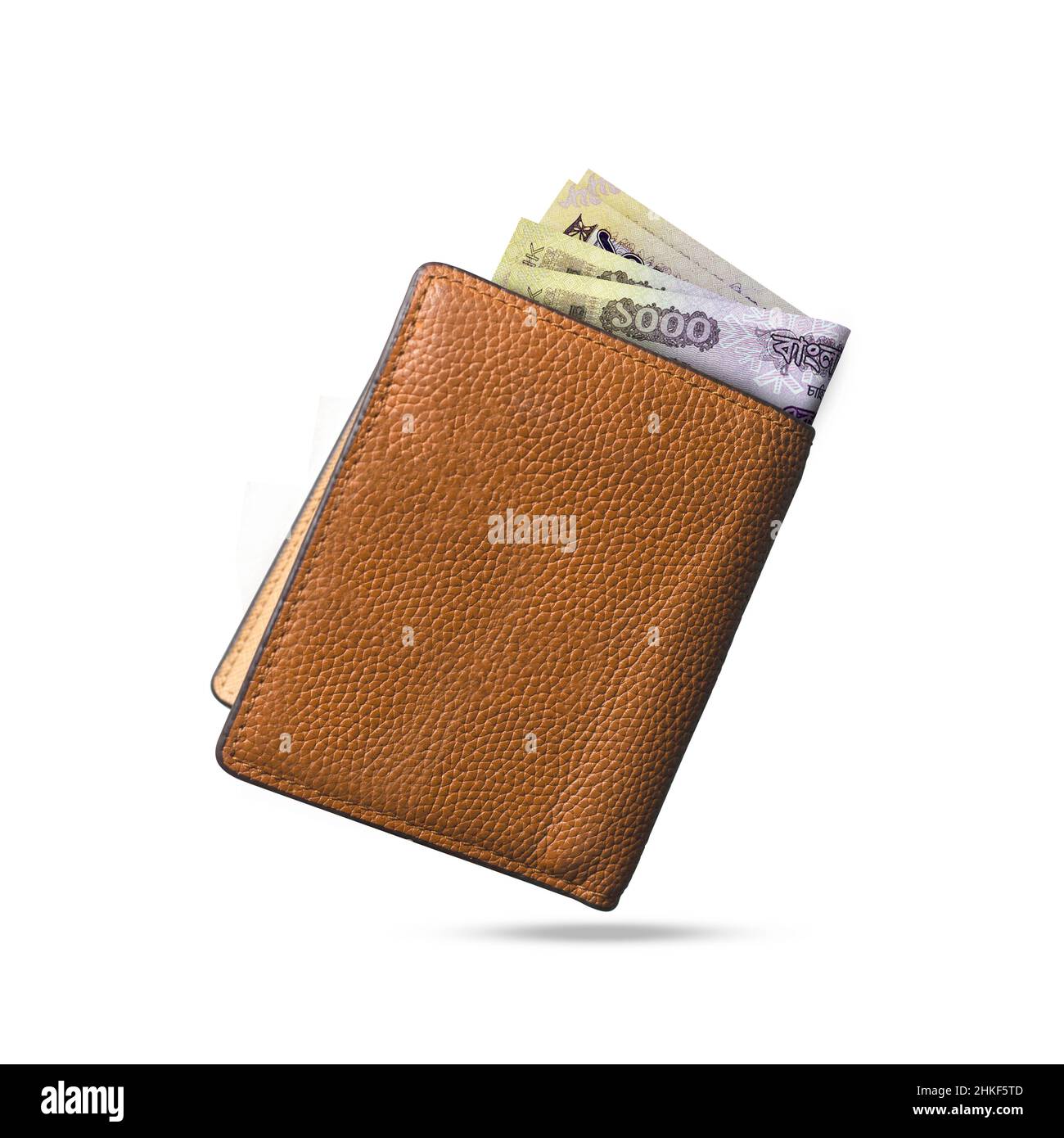 3D rendering of 1000 Bangladeshi Taka notes popping out of a brown leather men’s wallet Stock Photo