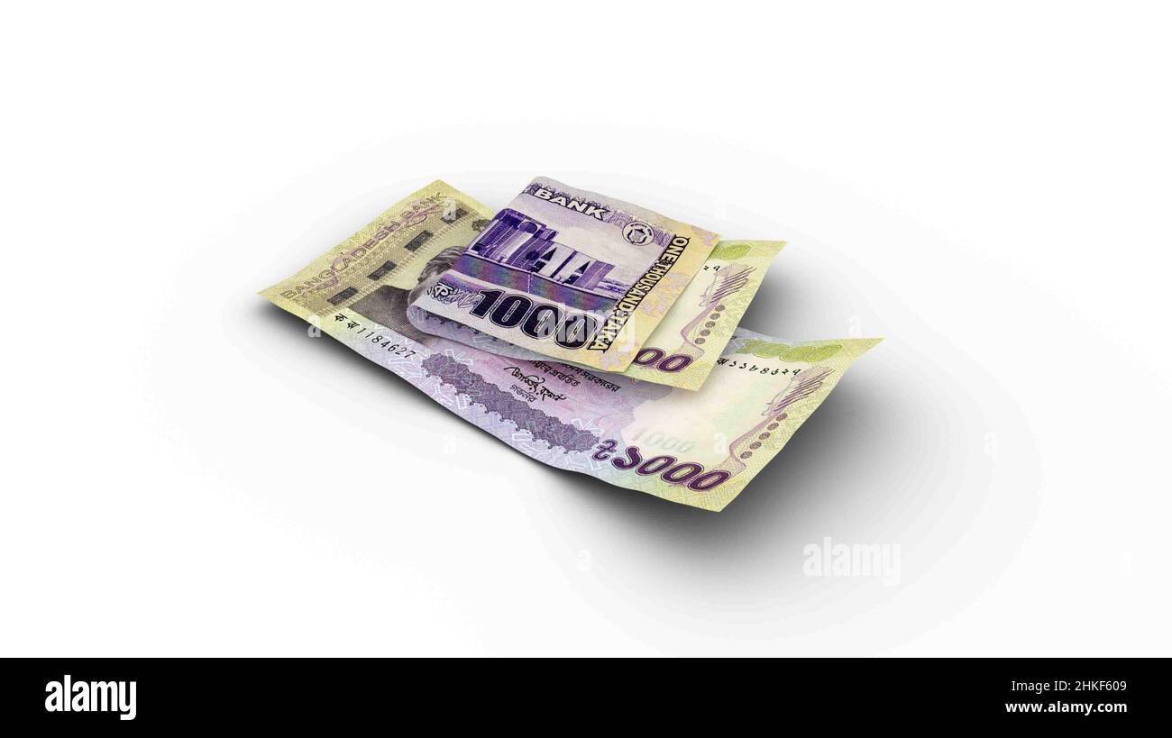 3D rendering of Double 1000 Bangladeshi taka notes isolated on white background Stock Photo