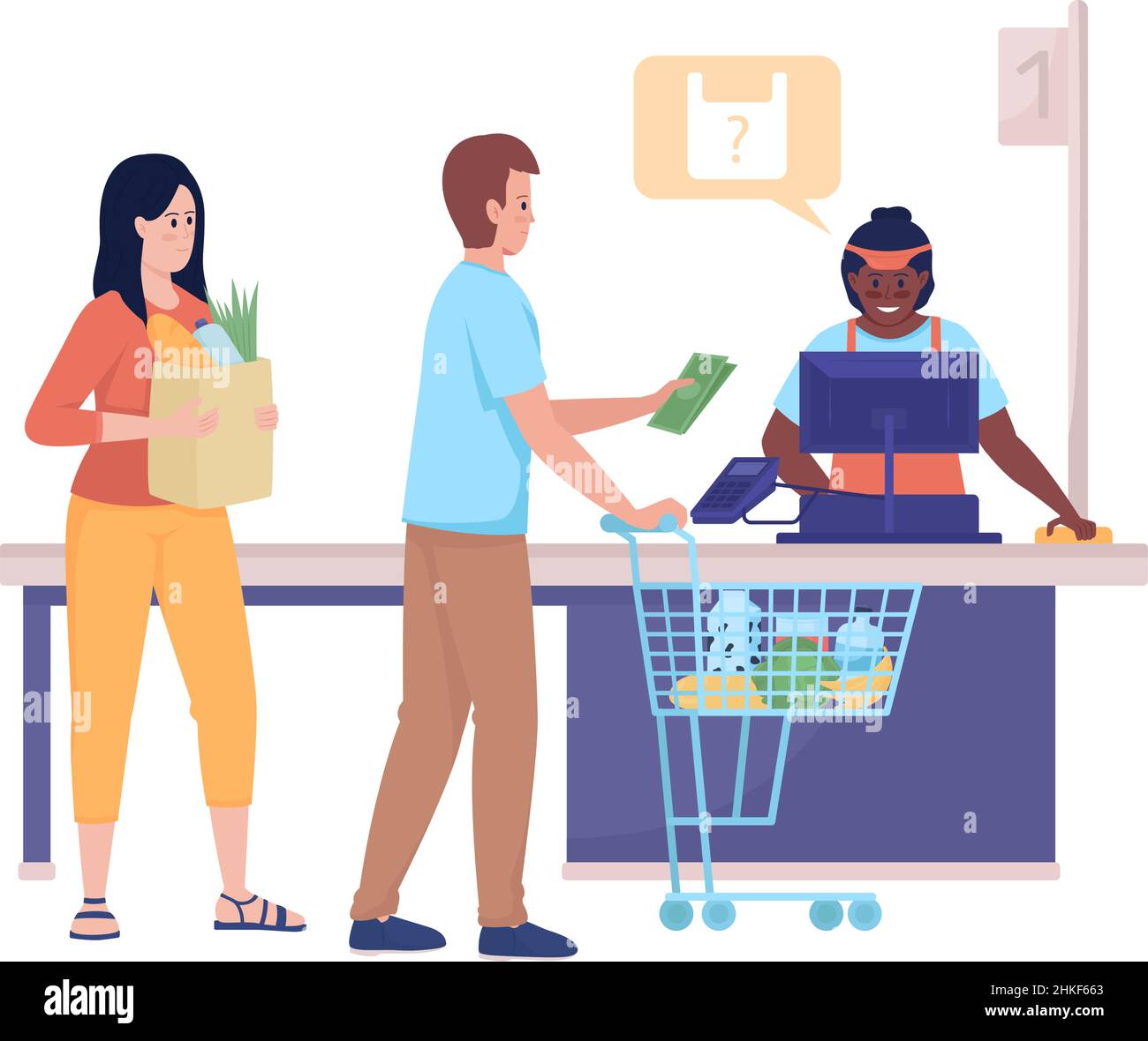 Supermarket queue semi flat color vector characters Stock Vector
