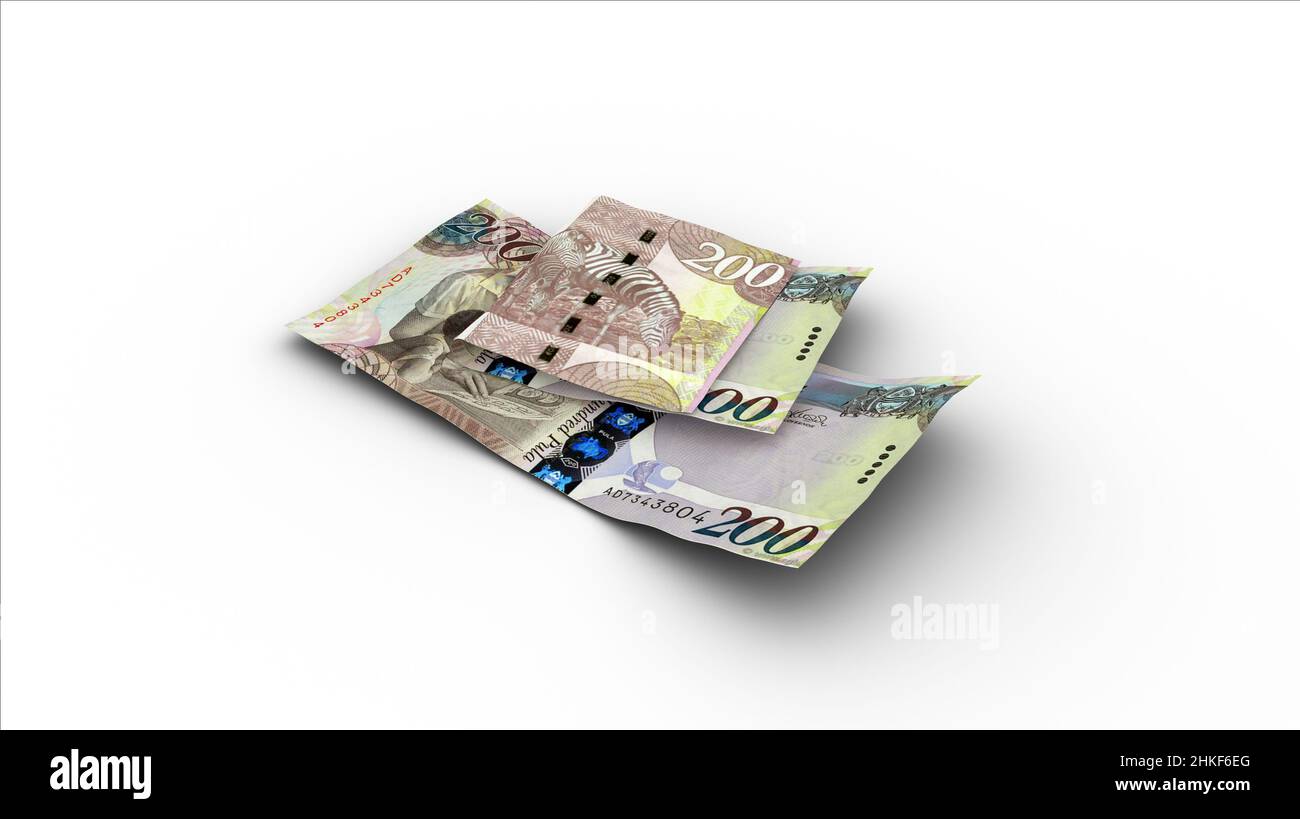 3D rendering of Double 200 Botswanan Pula notes with shadows on white ...