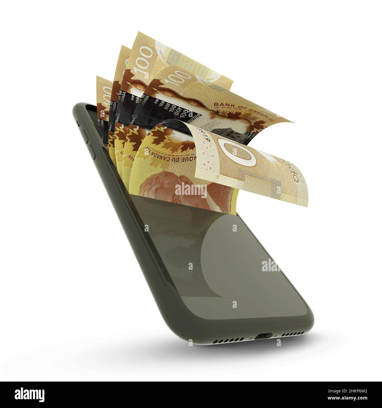 3d Rendering Of Canadian Dollar Notes Inside A Mobile Phone Isolated On
