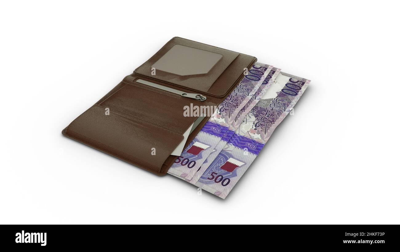 3D rendering of Qatar Riyal notes in wallet Stock Photo