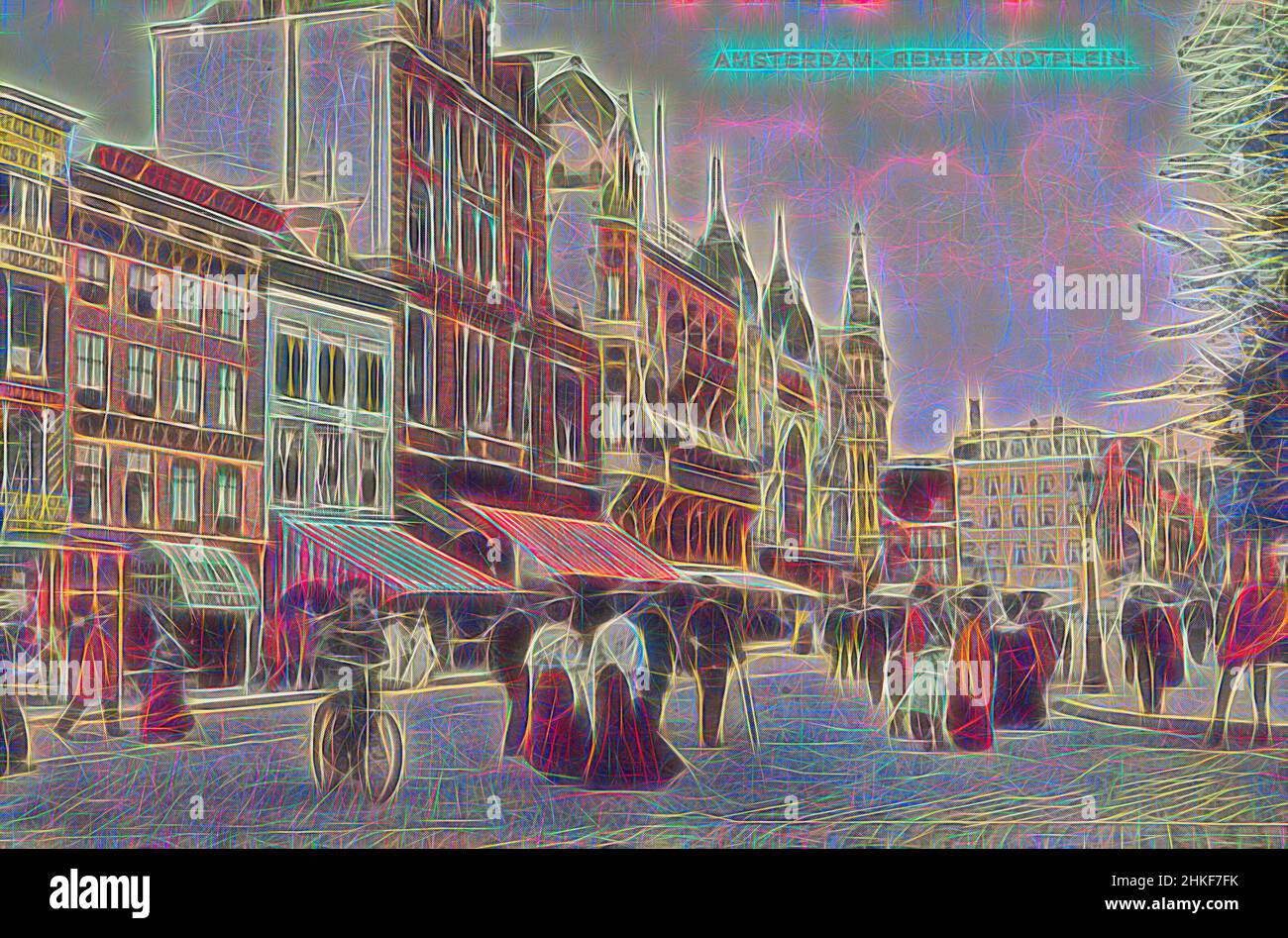 Inspired by Amsterdam, Rembrandtplein, maker: J.H. Schaefer, Amsterdam, 1881 - 1920, writing (processes), height 89 mm × width 139 mm, Reimagined by Artotop. Classic art reinvented with a modern twist. Design of warm cheerful glowing of brightness and light ray radiance. Photography inspired by surrealism and futurism, embracing dynamic energy of modern technology, movement, speed and revolutionize culture Stock Photo