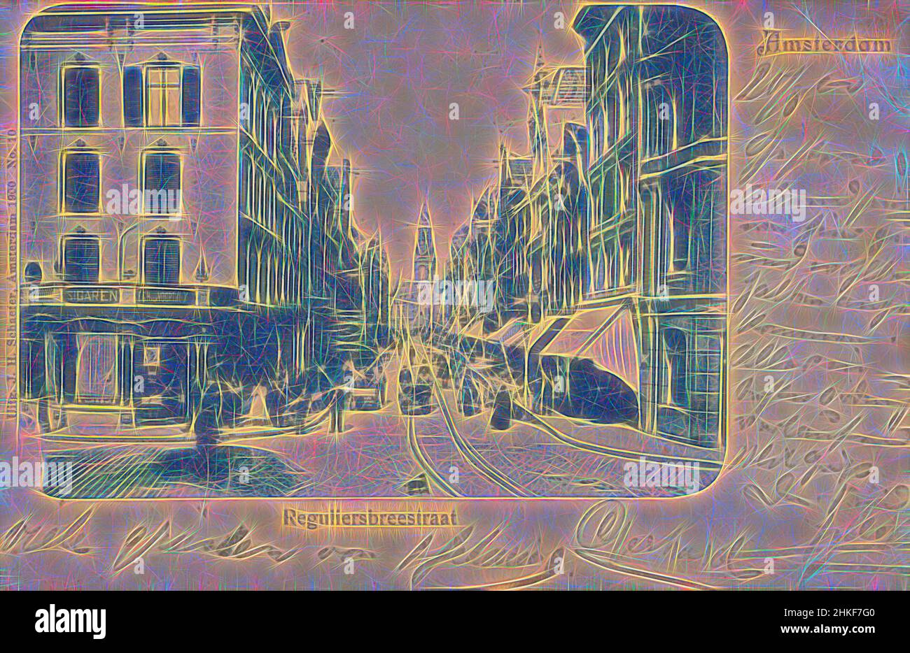 Inspired by Amsterdam, Reguliersbreestraat, maker:, publisher: J.H. Schaefer, Amsterdam, 21-Aug-1900, collotype, writing (processes), height 89 mm × width 140 mm, Reimagined by Artotop. Classic art reinvented with a modern twist. Design of warm cheerful glowing of brightness and light ray radiance. Photography inspired by surrealism and futurism, embracing dynamic energy of modern technology, movement, speed and revolutionize culture Stock Photo